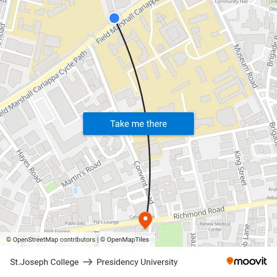 St.Joseph College to Presidency University map