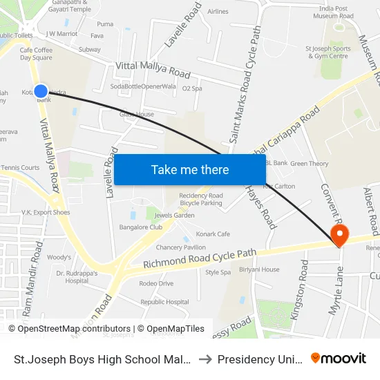 St.Joseph Boys High School Malya Hospital to Presidency University map