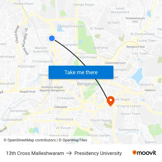 13th Cross Malleshwaram to Presidency University map