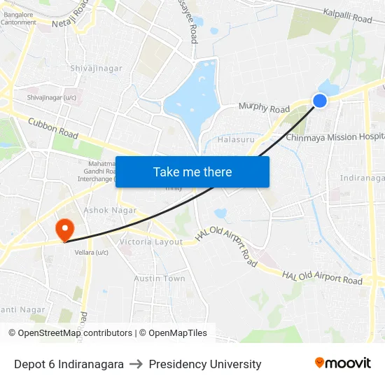 Depot 6 Indiranagara to Presidency University map