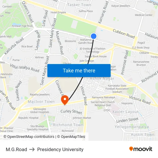 M.G.Road to Presidency University map