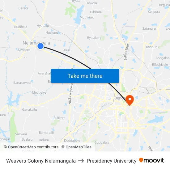 Weavers Colony Nelamangala to Presidency University map