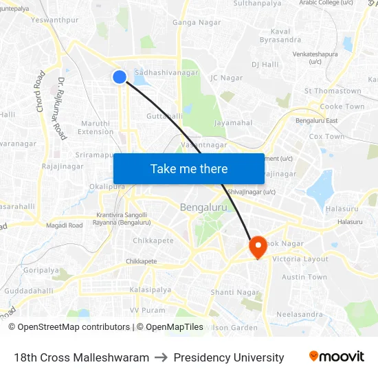 18th Cross Malleshwaram to Presidency University map