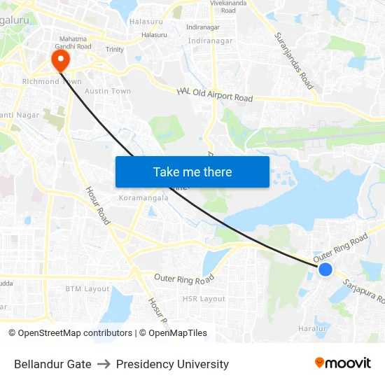 Bellandur Gate to Presidency University map