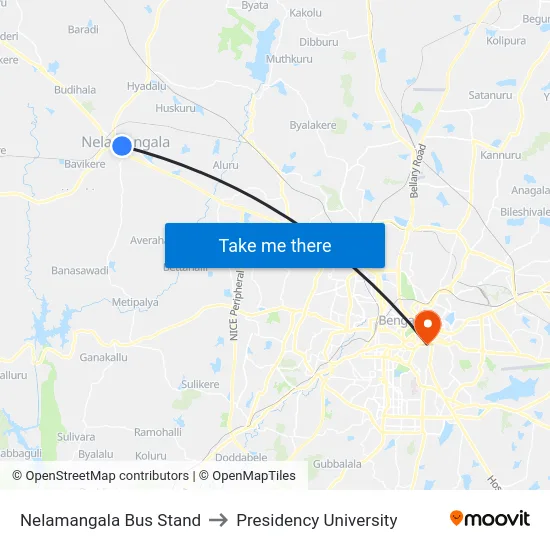 Nelamangala Bus Stand to Presidency University map