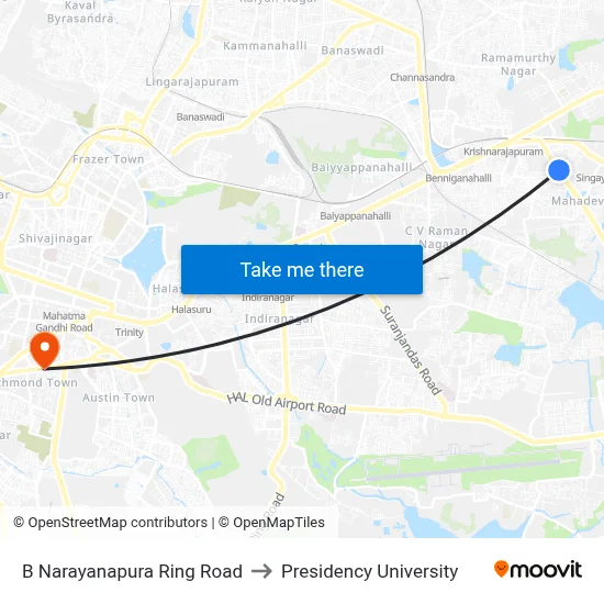 B Narayanapura Ring Road to Presidency University map
