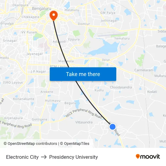 Electronic City to Presidency University map