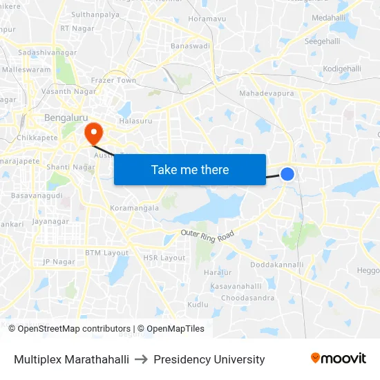 Multiplex Marathahalli to Presidency University map