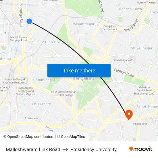 Malleshwaram Link Road to Presidency University map
