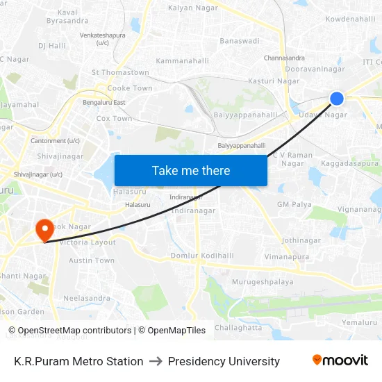 K.R.Puram Metro Station to Presidency University map