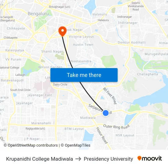 Krupanidhi College Madiwala to Presidency University map