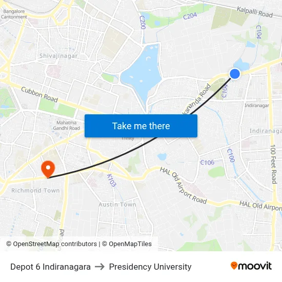 Depot 6 Indiranagara to Presidency University map