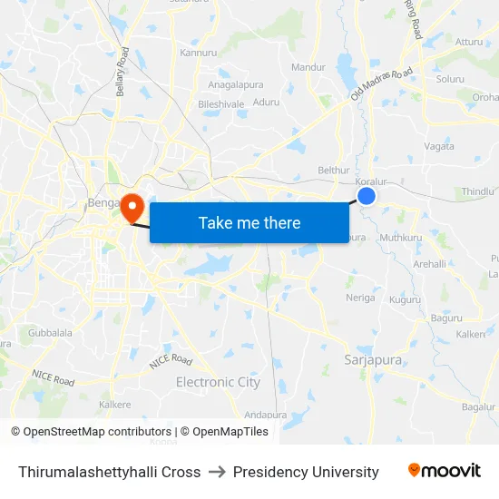 Thirumalashettyhalli Cross to Presidency University map