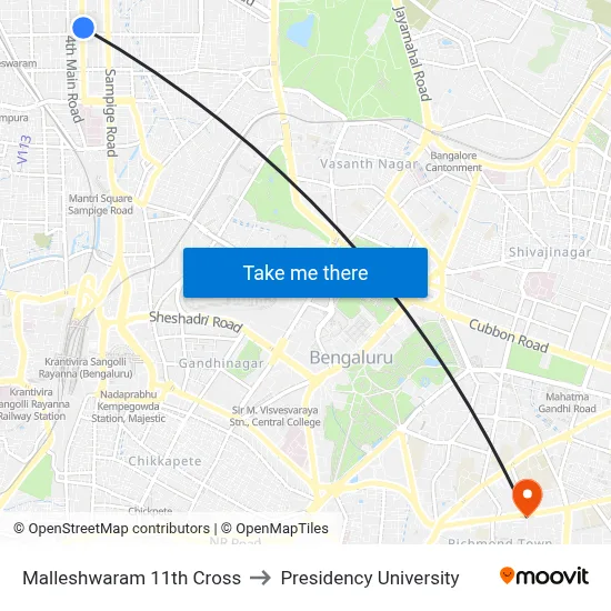 Malleshwaram 11th Cross to Presidency University map