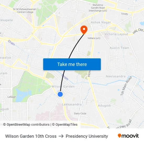 Wilson Garden 10th Cross to Presidency University map