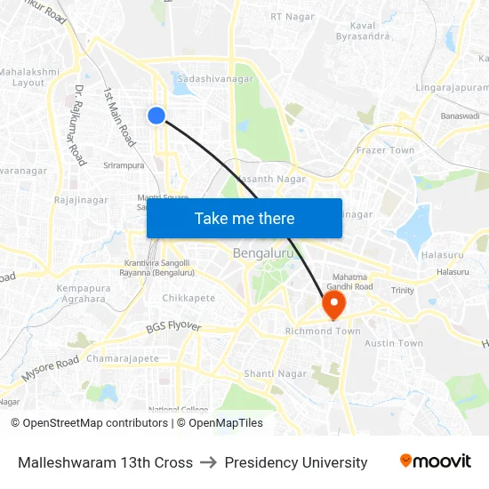 Malleshwaram 13th Cross to Presidency University map