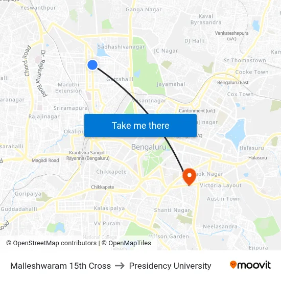 Malleshwaram 15th Cross to Presidency University map