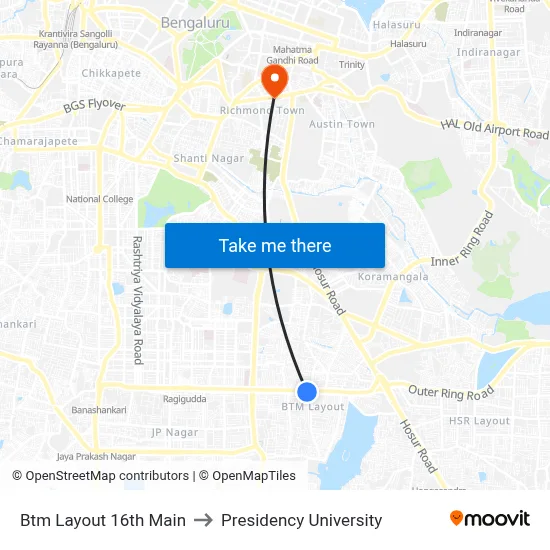 Btm Layout 16th Main to Presidency University map