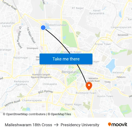 Malleshwaram 18th Cross to Presidency University map
