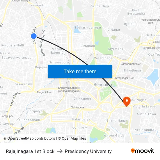 Rajajinagara 1st Block to Presidency University map