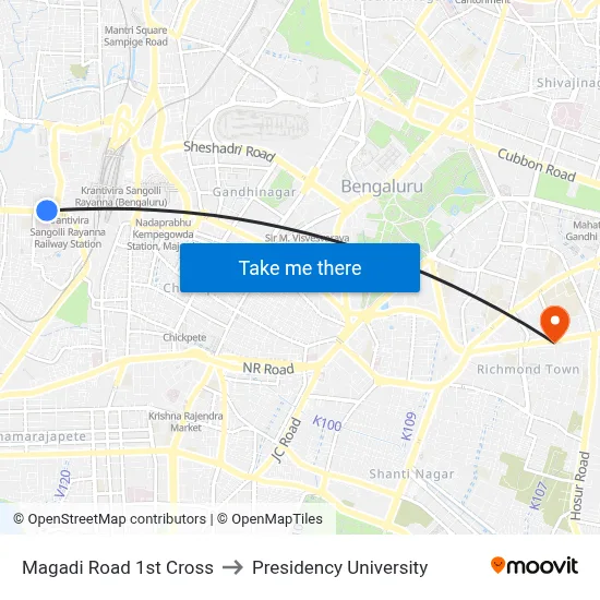 Magadi Road 1st Cross to Presidency University map