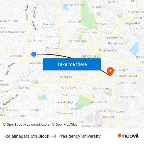 Rajajinagara 6th Block to Presidency University map