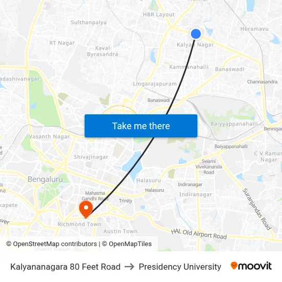 Kalyananagara 80 Feet Road to Presidency University map