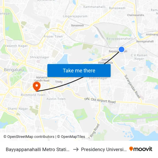Bayyappanahalli Metro Station to Presidency University map