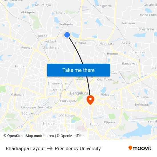 Bhadrappa Layout to Presidency University map