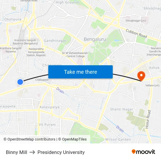 Binny Mill to Presidency University map