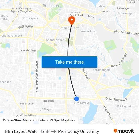 Btm Layout Water Tank to Presidency University map