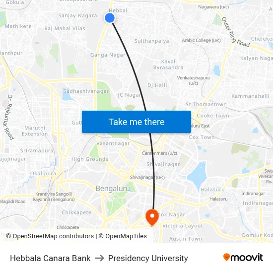 Hebbala Canara Bank to Presidency University map