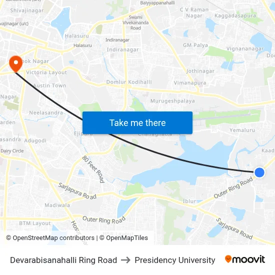 Devarabisanahalli Ring Road to Presidency University map