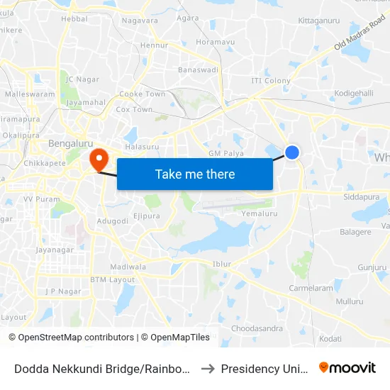 Dodda Nekkundi Bridge/Rainbow Hospital to Presidency University map