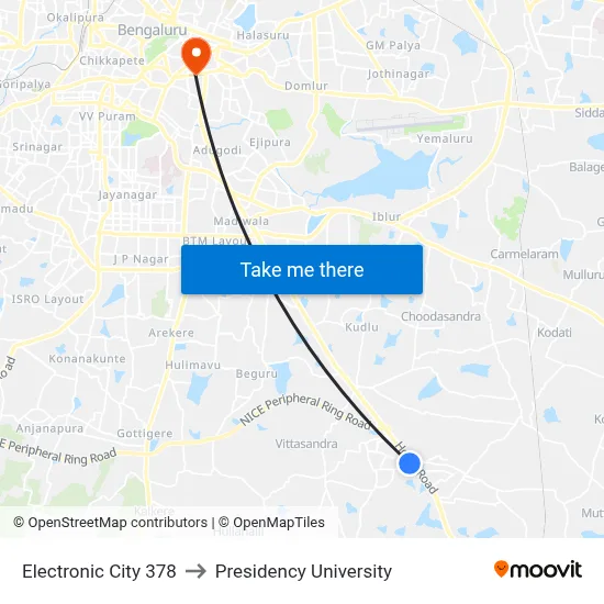 Electronic City 378 to Presidency University map