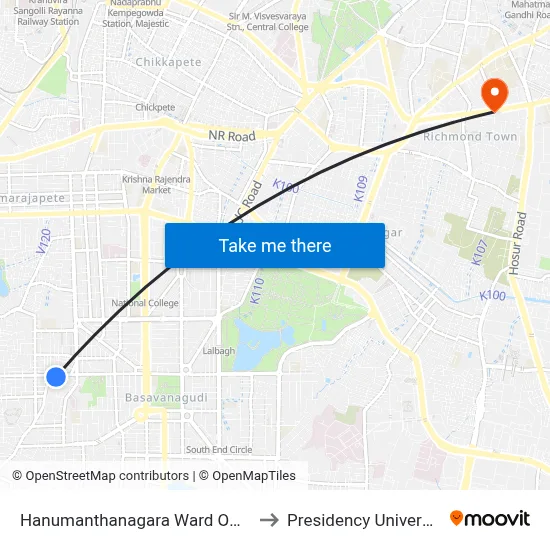 Hanumanthanagara Ward Office to Presidency University map