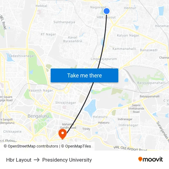 Hbr Layout to Presidency University map