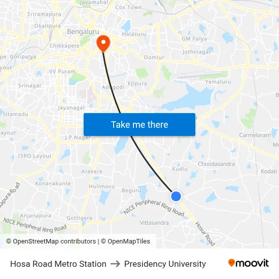 Hosa Road Metro Station to Presidency University map