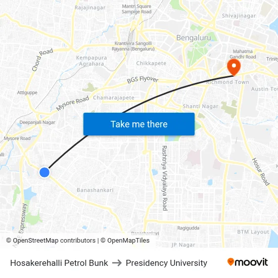 Hosakerehalli Petrol Bunk to Presidency University map