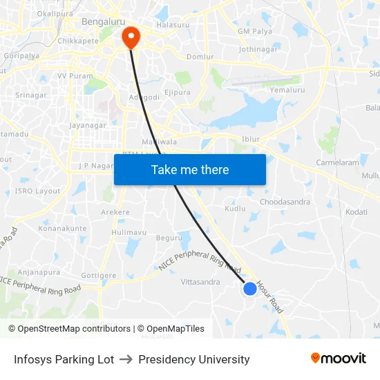 Infosys Parking Lot to Presidency University map