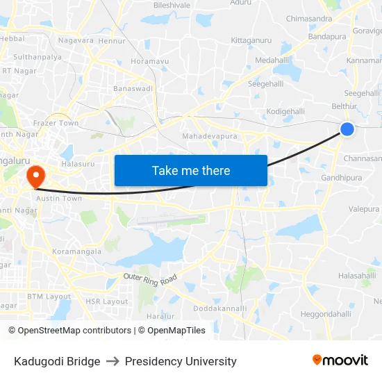 Kadugodi Bridge to Presidency University map