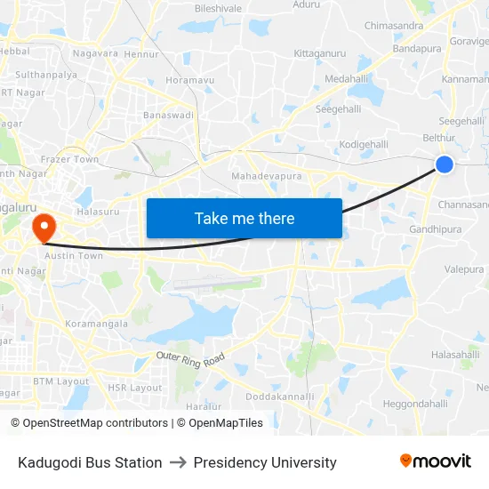 Kadugodi Bus Station to Presidency University map