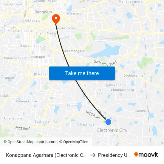 Konappana Agarhara (Electronic City Metro Station) to Presidency University map
