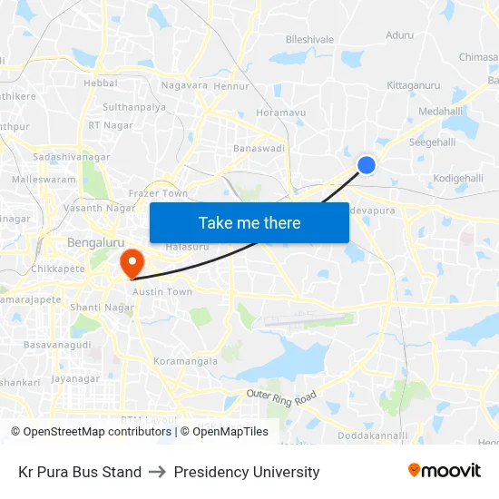 Kr Pura Bus Stand to Presidency University map