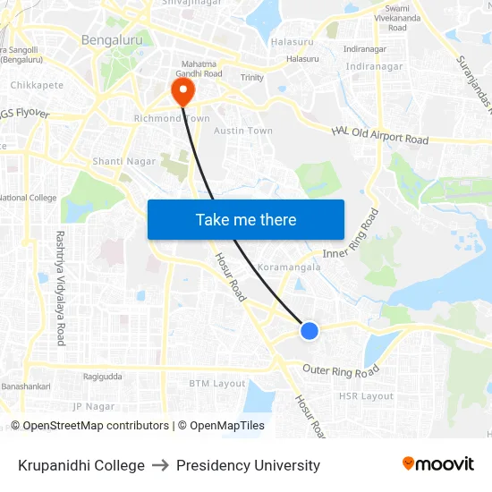 Krupanidhi College to Presidency University map