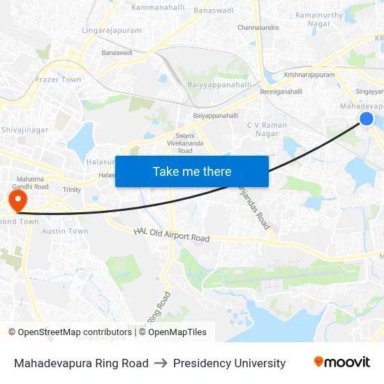 Mahadevapura Ring Road to Presidency University map
