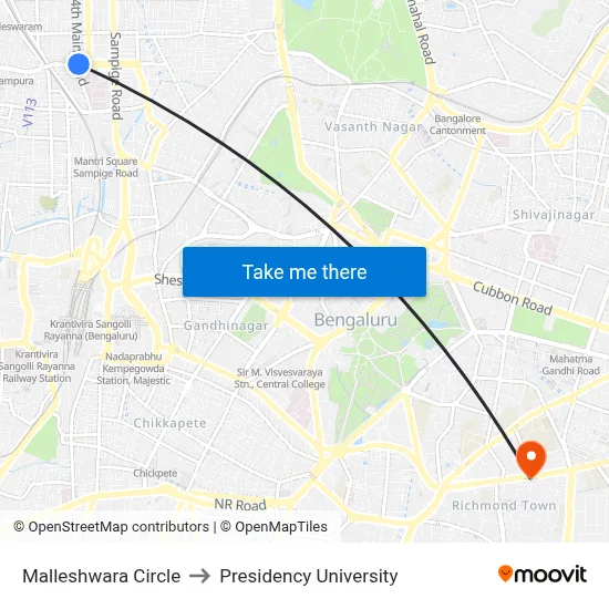 Malleshwara Circle to Presidency University map