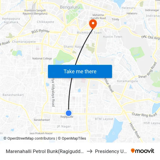 Marenahalli Petrol Bunk(Ragigudda Metro Station) to Presidency University map