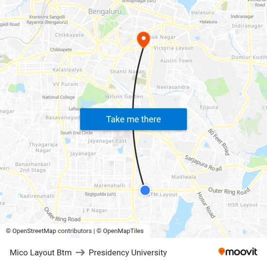 Mico Layout Btm to Presidency University map