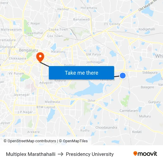 Multiplex Marathahalli to Presidency University map